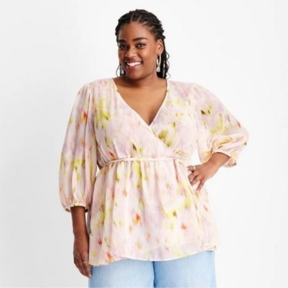 Future Collective - Gabriella Pink Floral 3/4 Sleeve V-
Neck Wrap Blouse